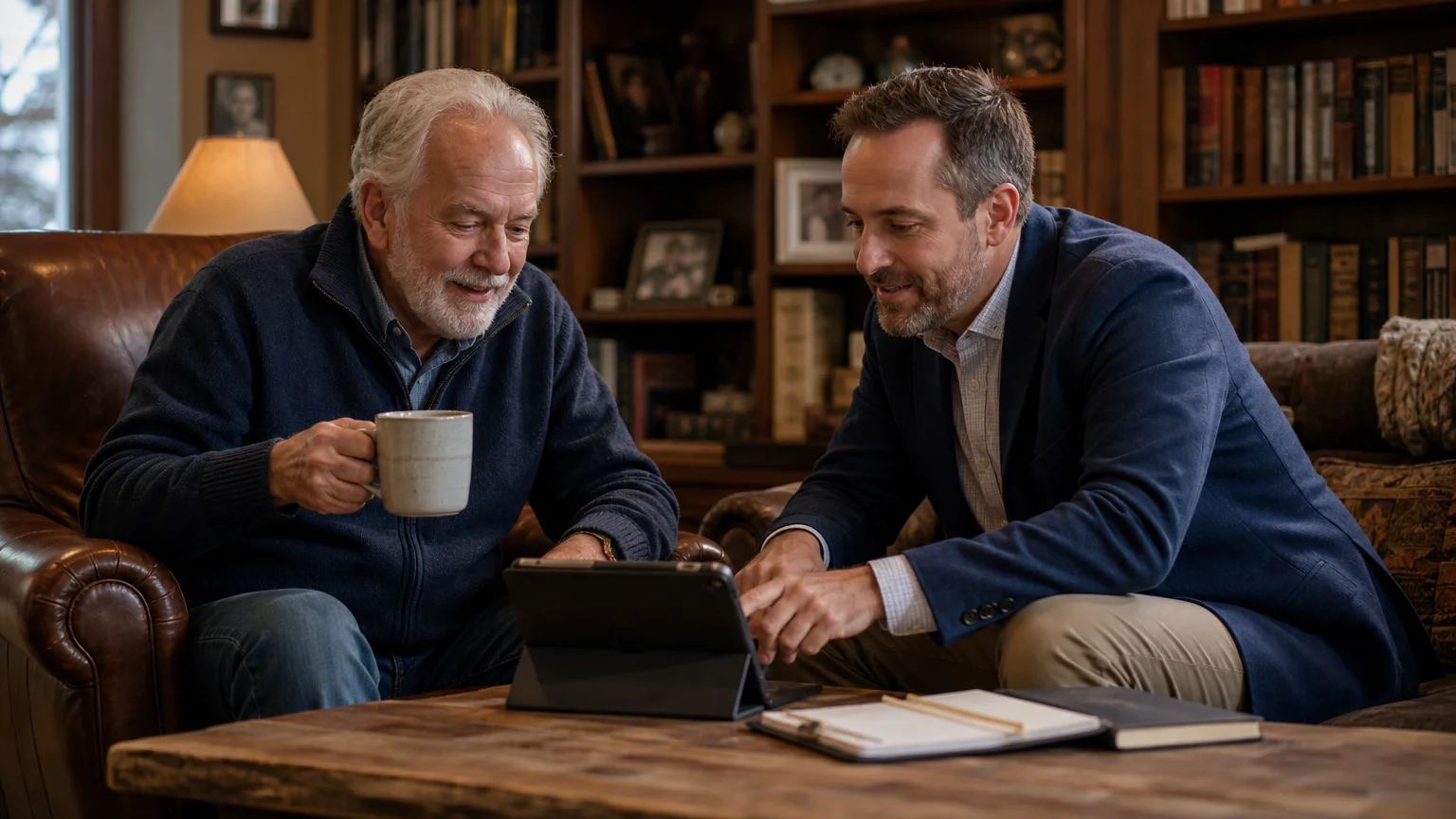 A senior man and a financial planner have a relaxed, collaborative discussion in a cozy home office setting.