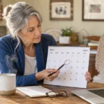 A senior woman at a kitchen table checking a circled date on her calendar next to a laptop.
