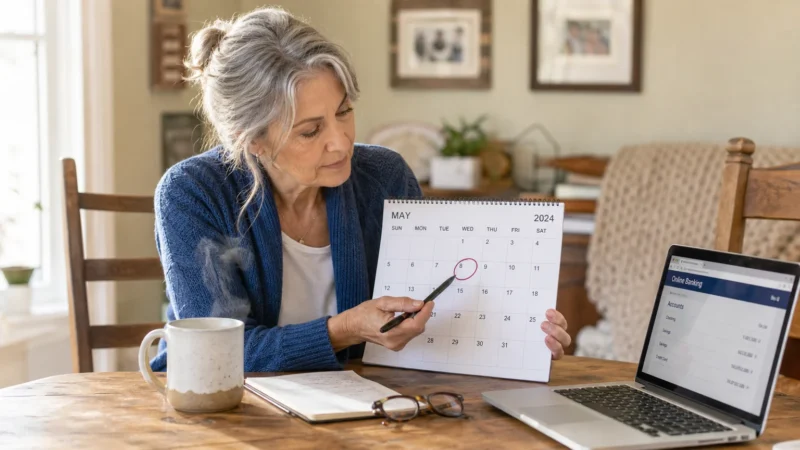 A senior woman at a kitchen table checking a circled date on her calendar next to a laptop.