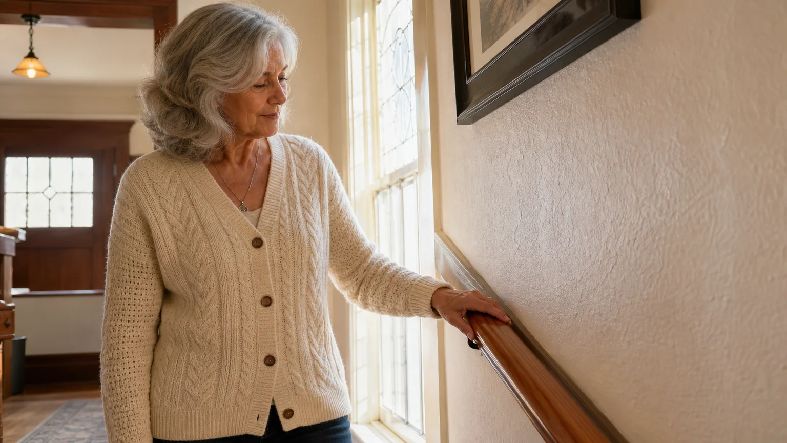 A senior woman running her hand along a newly installed wooden handrail in her sunlit hallway.