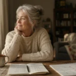 A senior woman sits thoughtfully at a wooden table with a notebook and coffee, planning in the warm morning light.