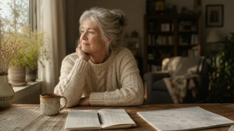 A senior woman sits thoughtfully at a wooden table with a notebook and coffee, planning in the warm morning light.