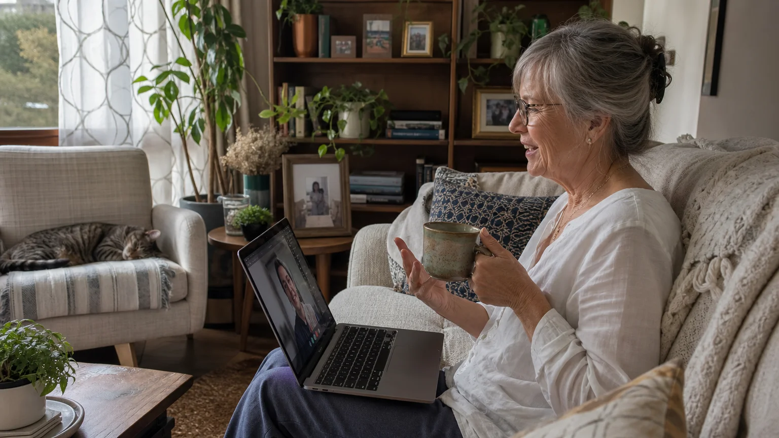 A senior woman smiling during a professional video call on her laptop from her cozy, sunlit living room couch.