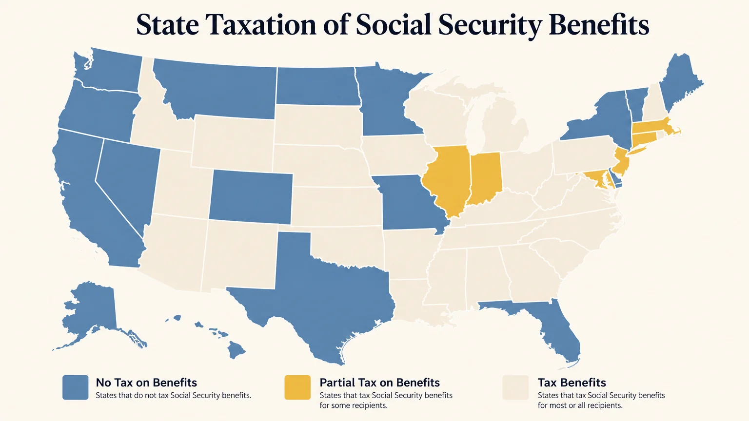 A simplified minimalist map of the United States color-coded to show which states tax Social Security benefits.