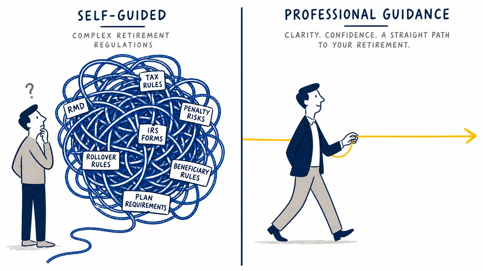A split vector illustration showing a figure facing a tangled blue knot on the left, and a guide leading a straight yellow thread on the rig