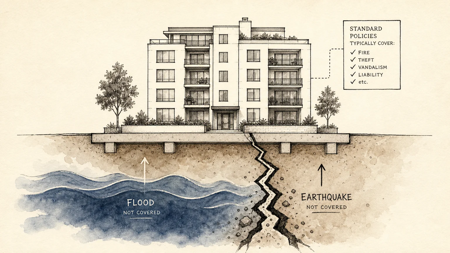 A stylized cross-section illustration of an apartment building with rising flood water and an earthquake crack below it.