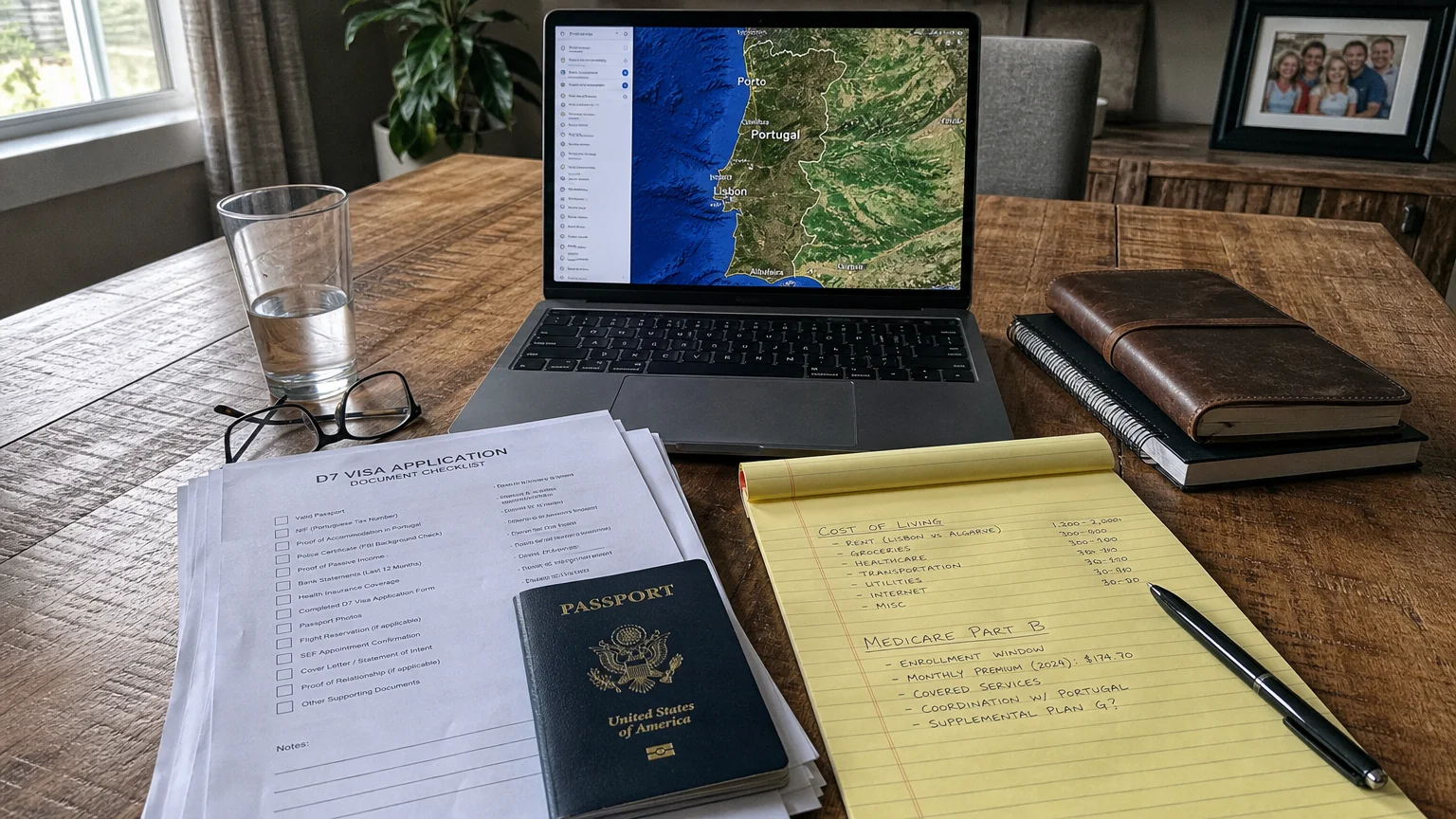 A table filled with visa paperwork, a passport, and a laptop showing a map, representing the planning phase of retiring abroad.