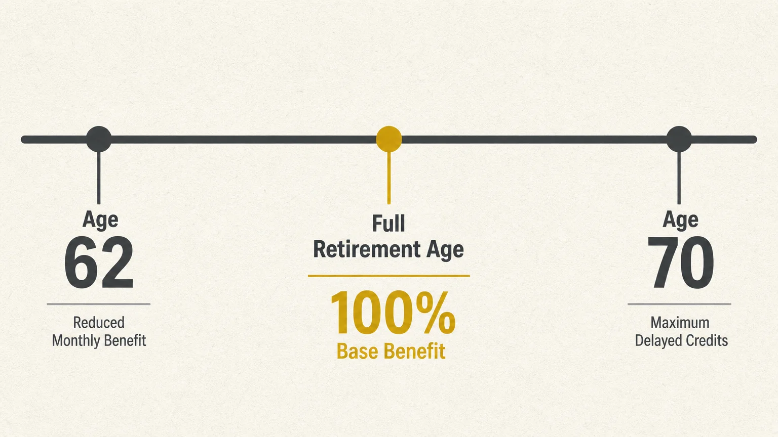 A timeline showing the scale of retirement benefits from age 62 to age 70, highlighting Full Retirement Age in the center.