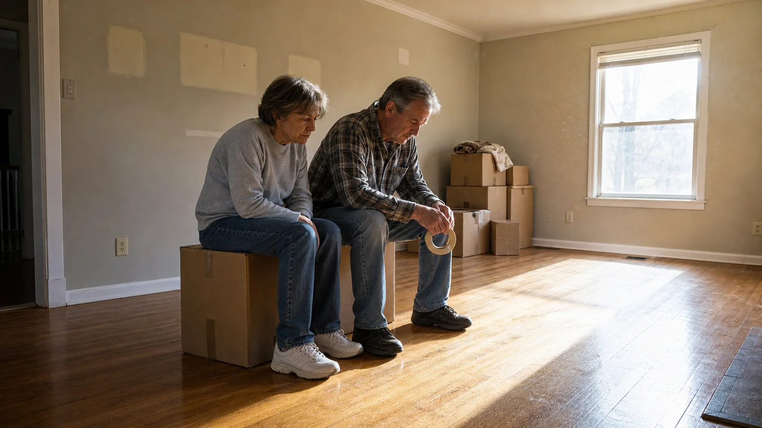 A tired older couple sits on cardboard boxes in an empty, sunlit room, reflecting on the difficulty of moving again.