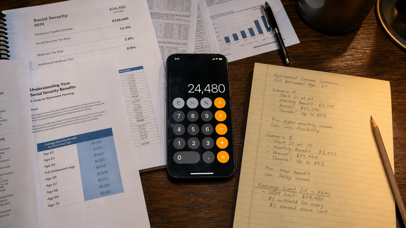A top-down view of a smartphone calculator, a notepad with handwritten retirement scenarios, and a pencil on a wooden desk.