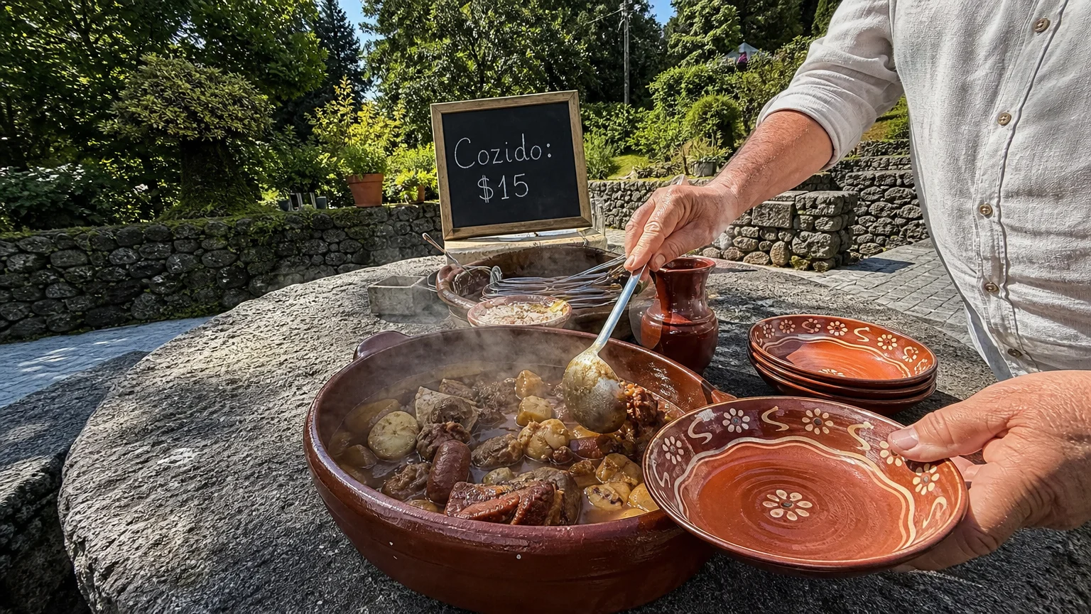 A traditional Portuguese stew on a stone table with a sign indicating a price of fifteen dollars, set in a sunny outdoor plaza.