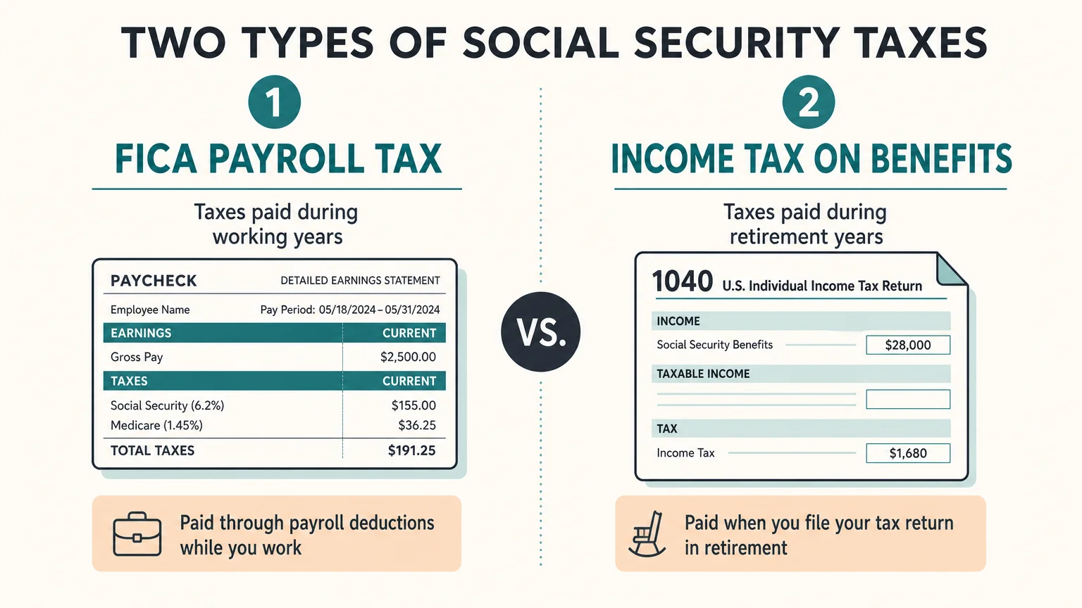 A two-column diagram comparing FICA payroll taxes paid during working years with income taxes paid on benefits during retirement.