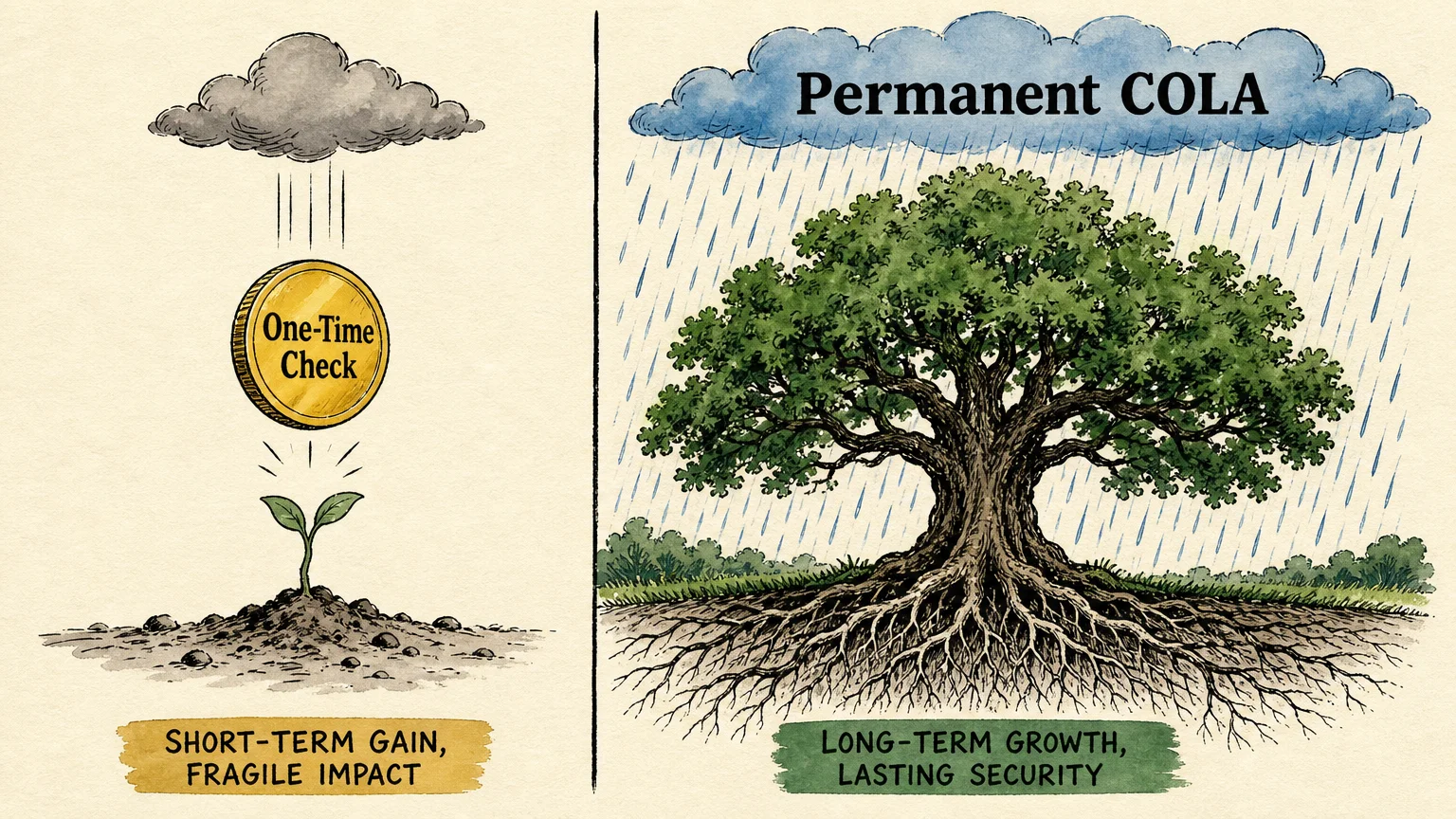 A two-panel illustration comparing a single coin watering a sprout to a steady rain nourishing a mature oak tree.