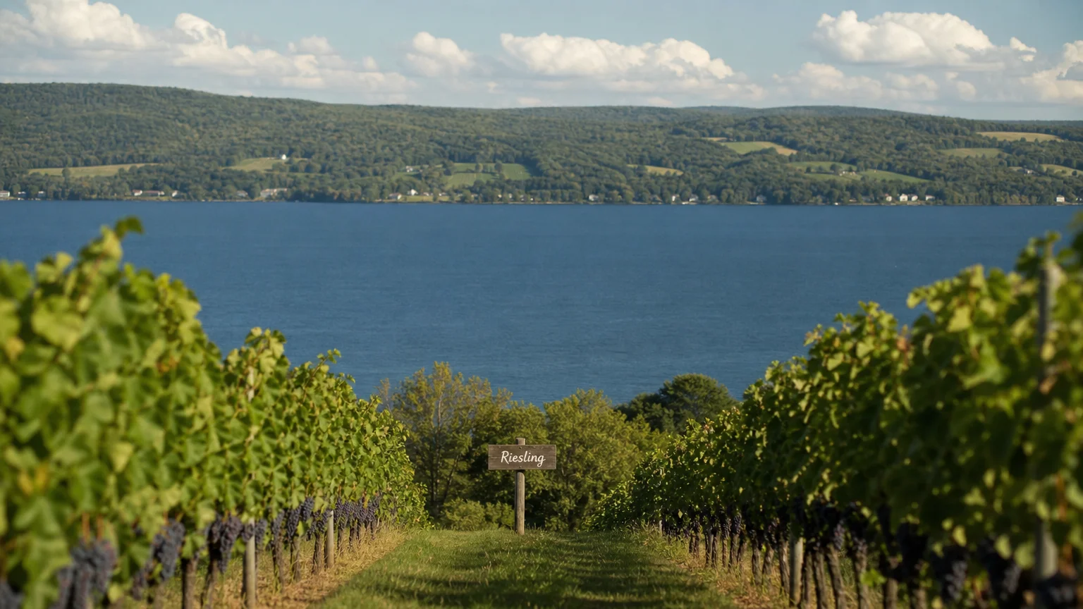A vineyard with rows of grapes overlooking the deep blue waters of Seneca Lake in upstate New York.