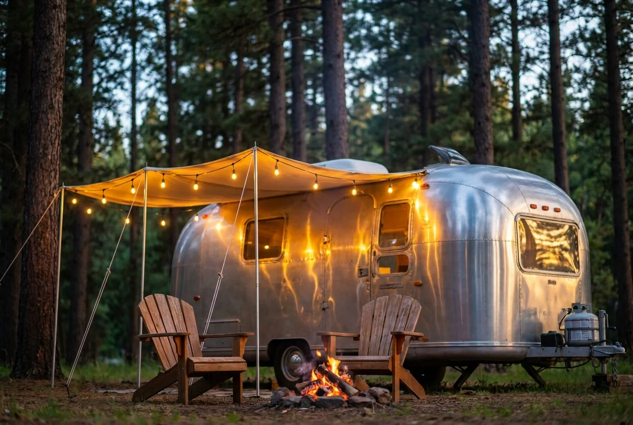 A vintage teardrop camper trailer parked under pine trees with warm string lights at dusk.