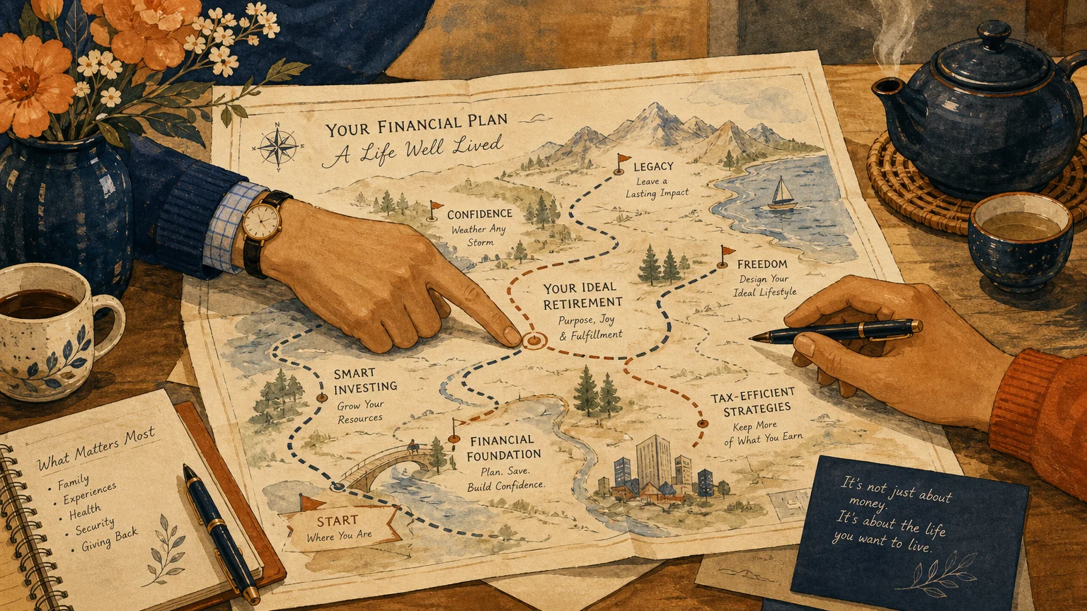 A warm gouache illustration showing two people's hands reviewing a financial plan over a cup of tea.