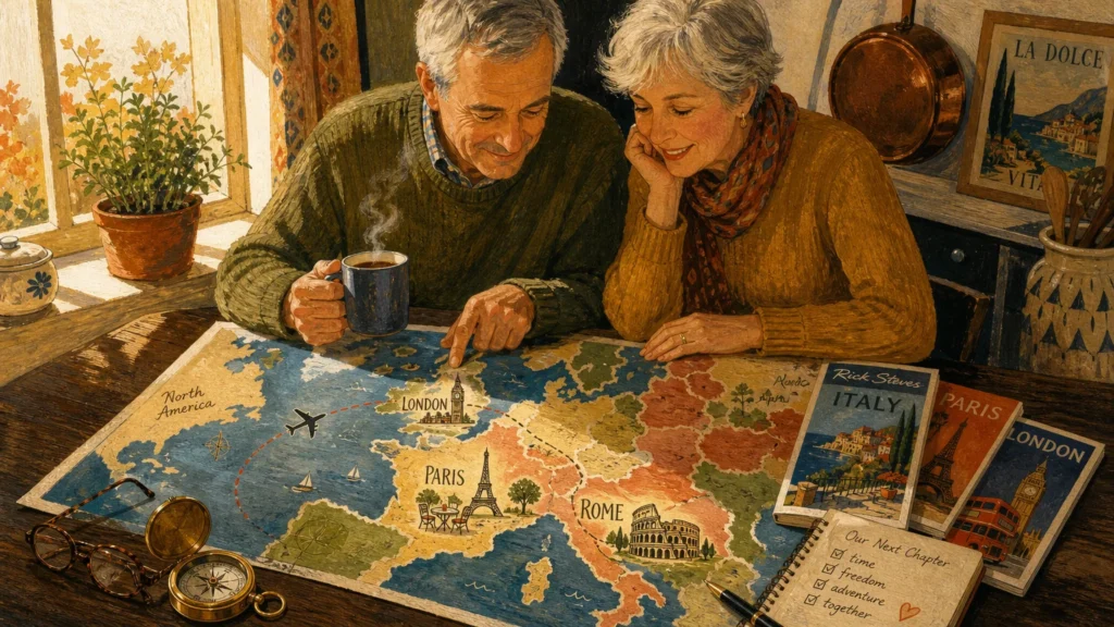 A warm mid-century gouache illustration of an older couple happily planning a trip to Europe with a colorful map on their kitchen table.