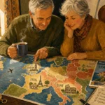 A warm mid-century gouache illustration of an older couple happily planning a trip to Europe with a colorful map on their kitchen table.
