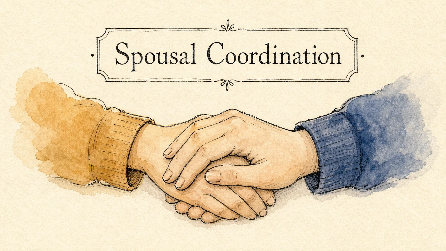 A warm watercolor and ink illustration of two hands gently clasped together, symbolizing spousal benefits coordination.