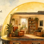 A warm watercolor illustration of a cozy apartment protected by a glowing golden dome, symbolizing renters insurance security.