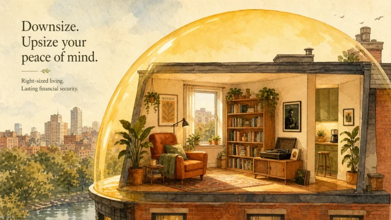 A warm watercolor illustration of a cozy apartment protected by a glowing golden dome, symbolizing renters insurance security.