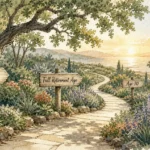 A watercolor illustration of a garden path with signs for retirement ages 62, 67, and 70 under a bright, sunny sky.