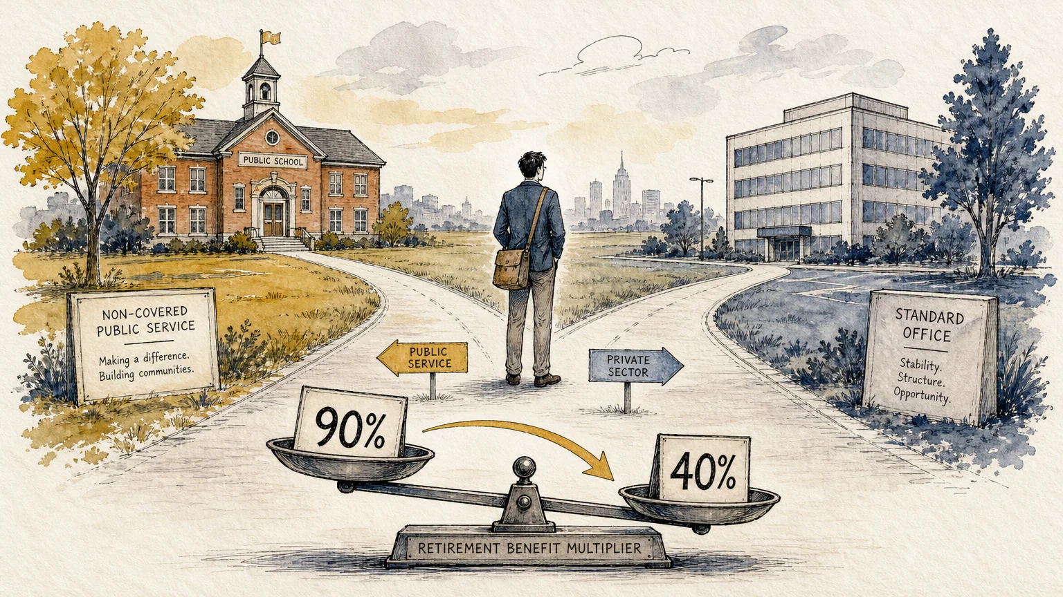 A watercolor illustration of a split path leading to a schoolhouse and an office, with a scale showing a formula reduction from 90% to 40%.