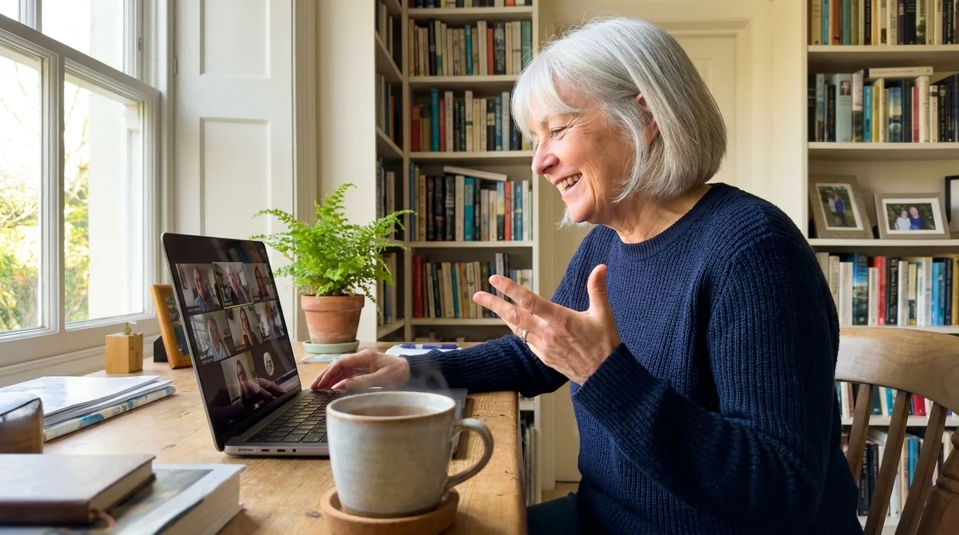 A woman in a cozy home office smiling during a video call on her laptop.