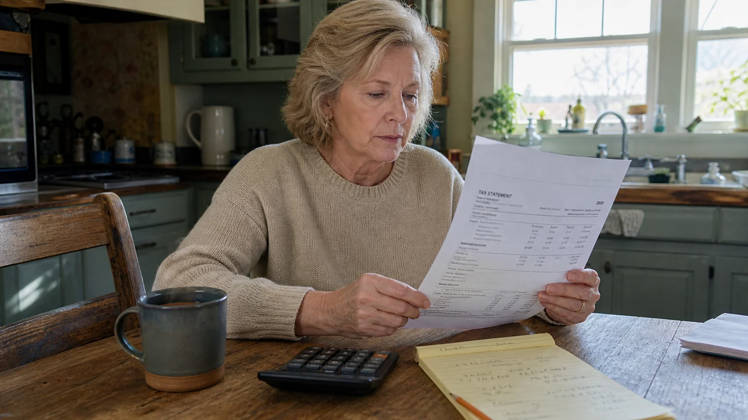 A woman in a knit sweater sits at a sunlit oak kitchen table looking thoughtfully at a paper tax statement next to a mug and calculator.