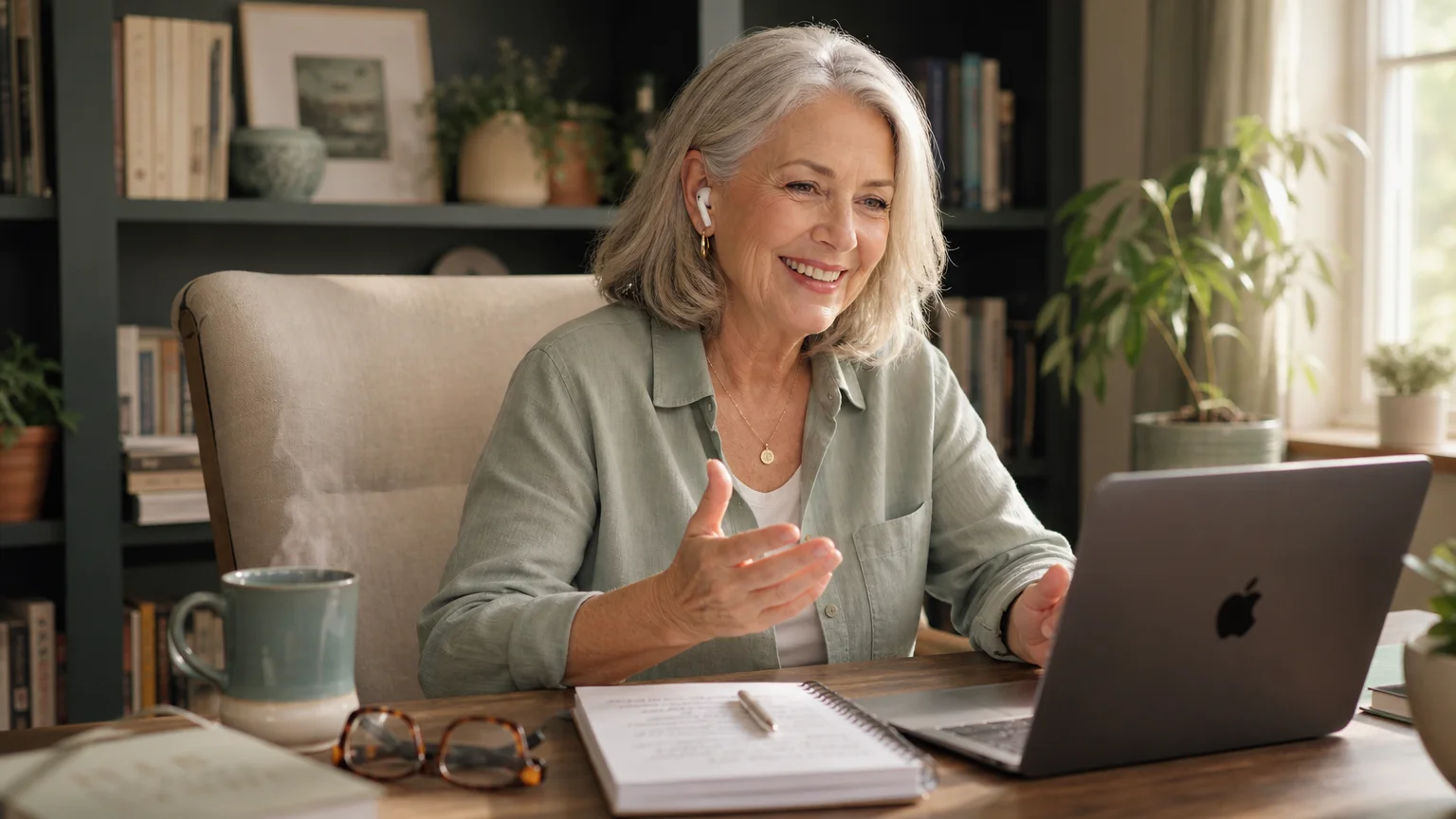 A woman in her bright home office smiling during a video consultation with her financial planner.