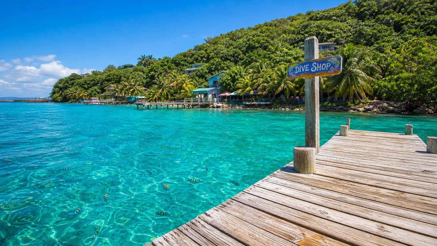 A wooden pier extending over crystal-clear turquoise water on the island of Roatan, surrounded by tropical greenery.