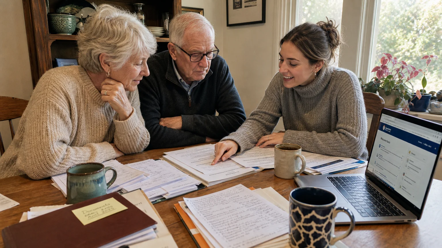 A younger volunteer helping a senior couple review paperwork and navigate websites at their dining room table.