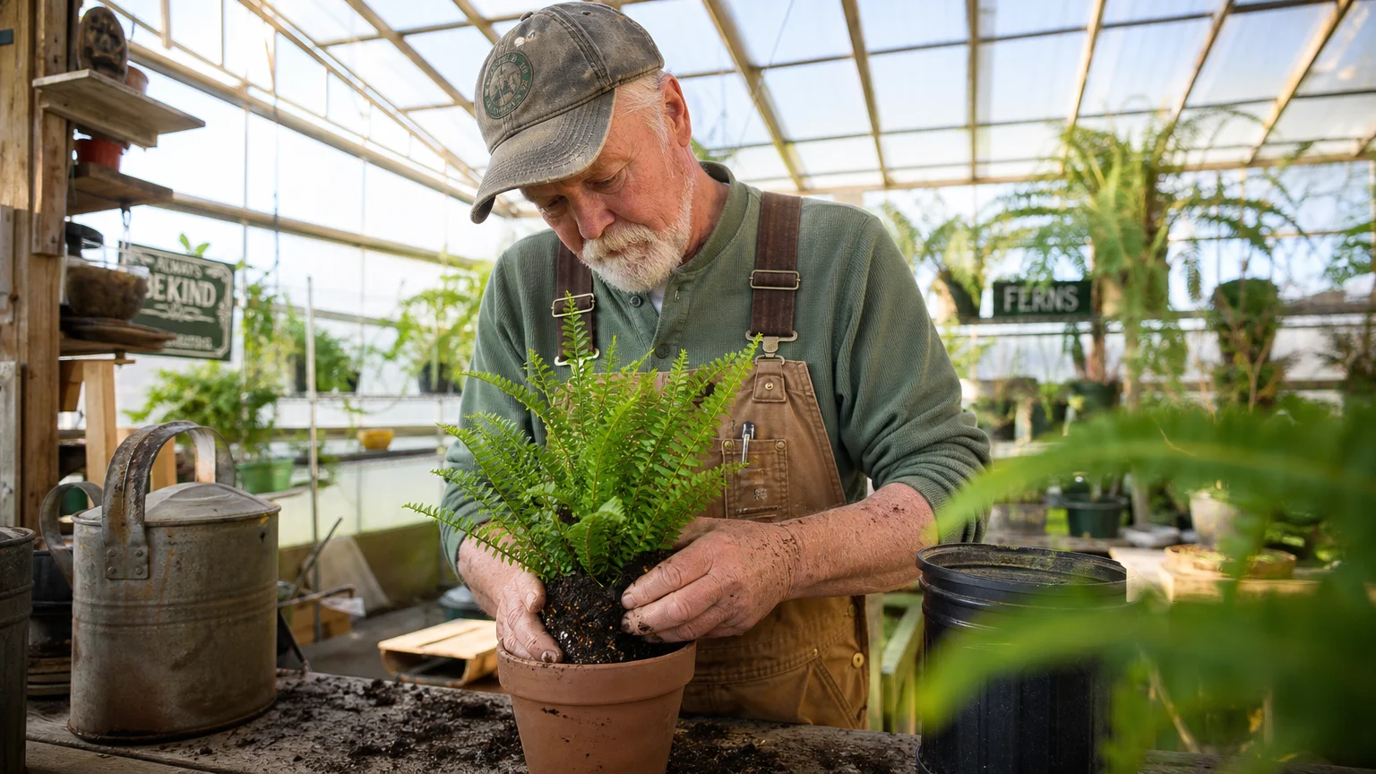An active retiree wearing canvas overalls, happily repotting a plant at a plant nursery in warm afternoon sunlight.