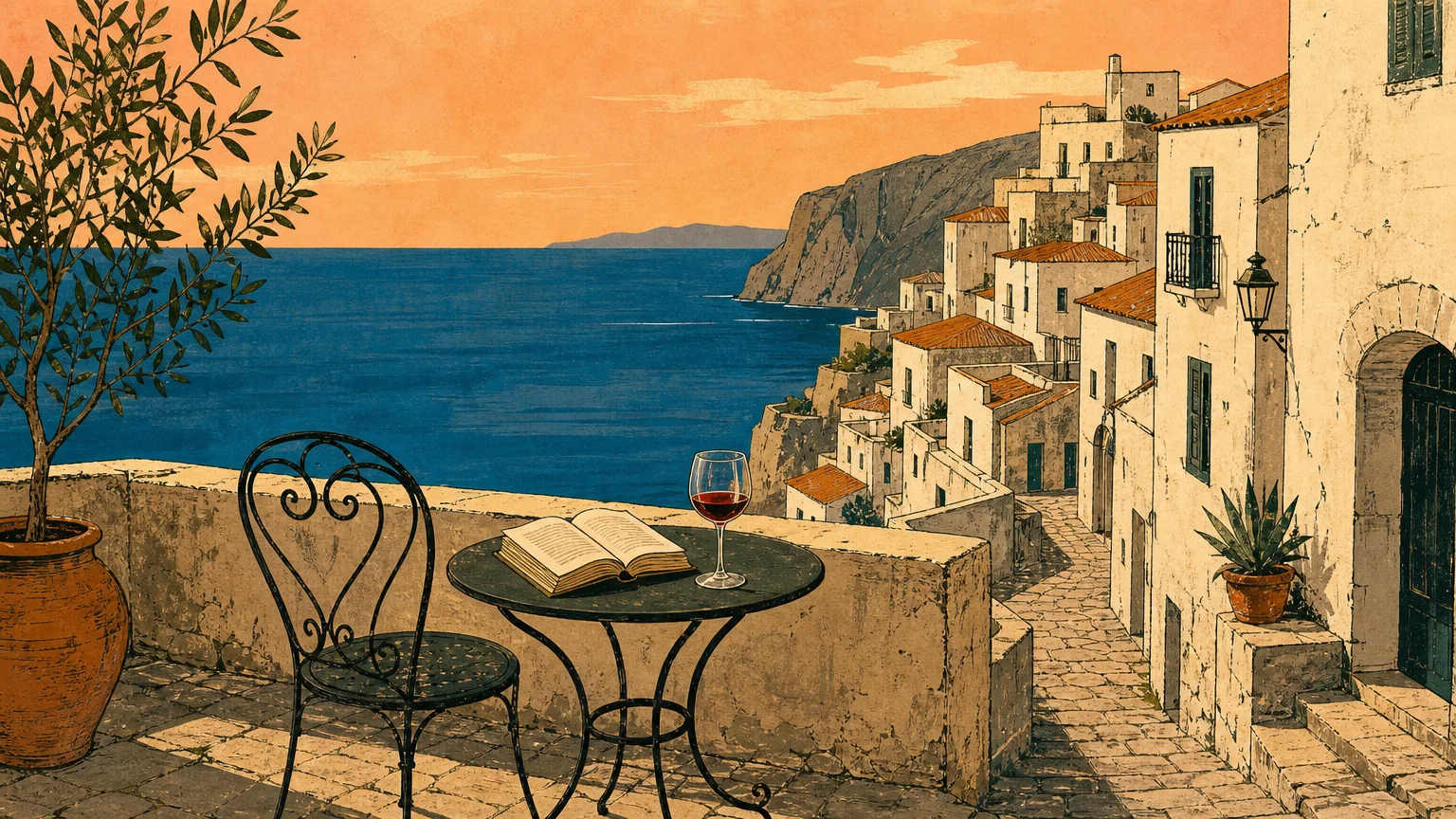 An artistic gouache illustration of an empty terrace overlooking a quiet, sunny cliffside village in Southern Italy during November.