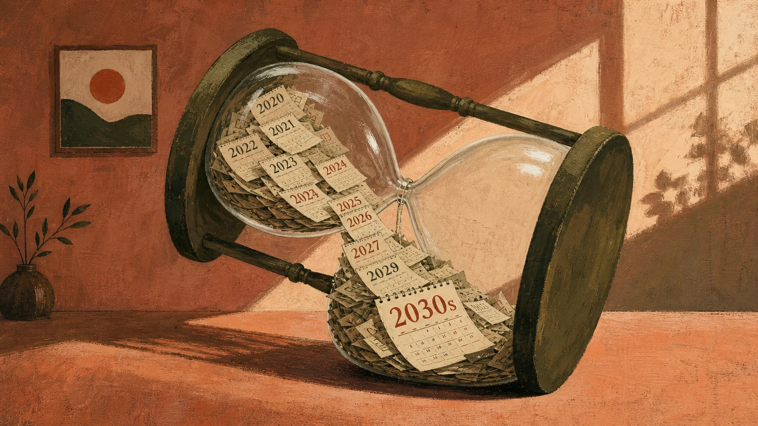 An artistic gouache illustration of an hourglass filled with calendar pages running down toward the 2030s.