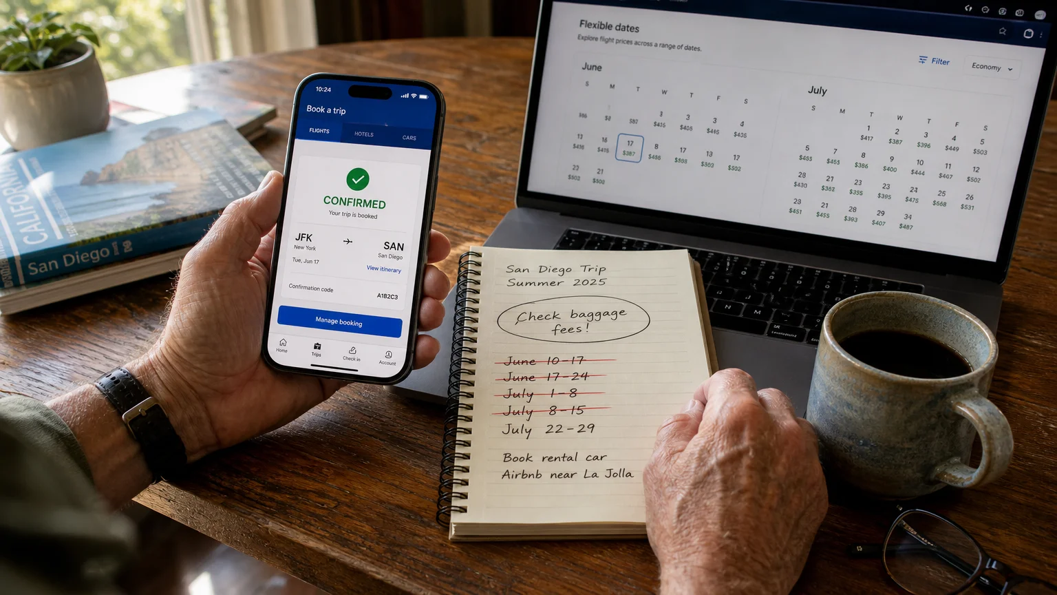 An close-up view of a person's hands at a desk holding a smartphone with a flight confirmation, next to a notebook with travel booking tips.