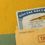 An editorial gouache illustration showing a stylized Social Security card sliced at the top, revealing gold coins inside.