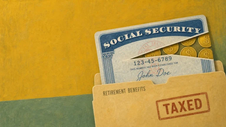 An editorial gouache illustration showing a stylized Social Security card sliced at the top, revealing gold coins inside.