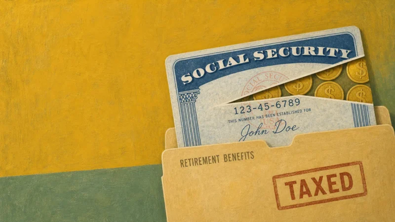 An editorial gouache illustration showing a stylized Social Security card sliced at the top, revealing gold coins inside.