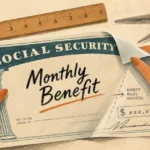 An editorial gouache illustration showing stylized hands adjusting a large monthly benefit check with a ruler and compass.