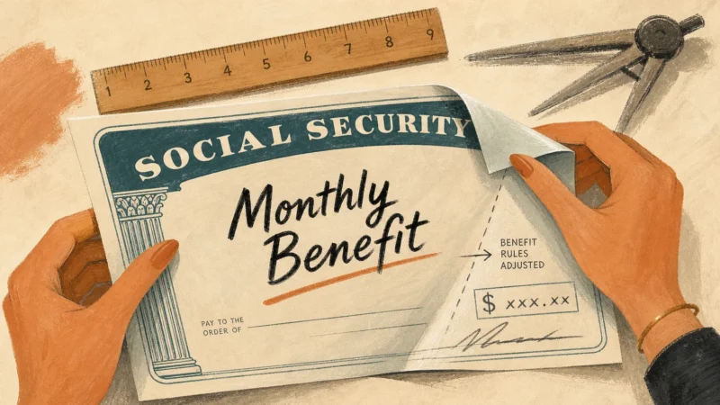 An editorial gouache illustration showing stylized hands adjusting a large monthly benefit check with a ruler and compass.