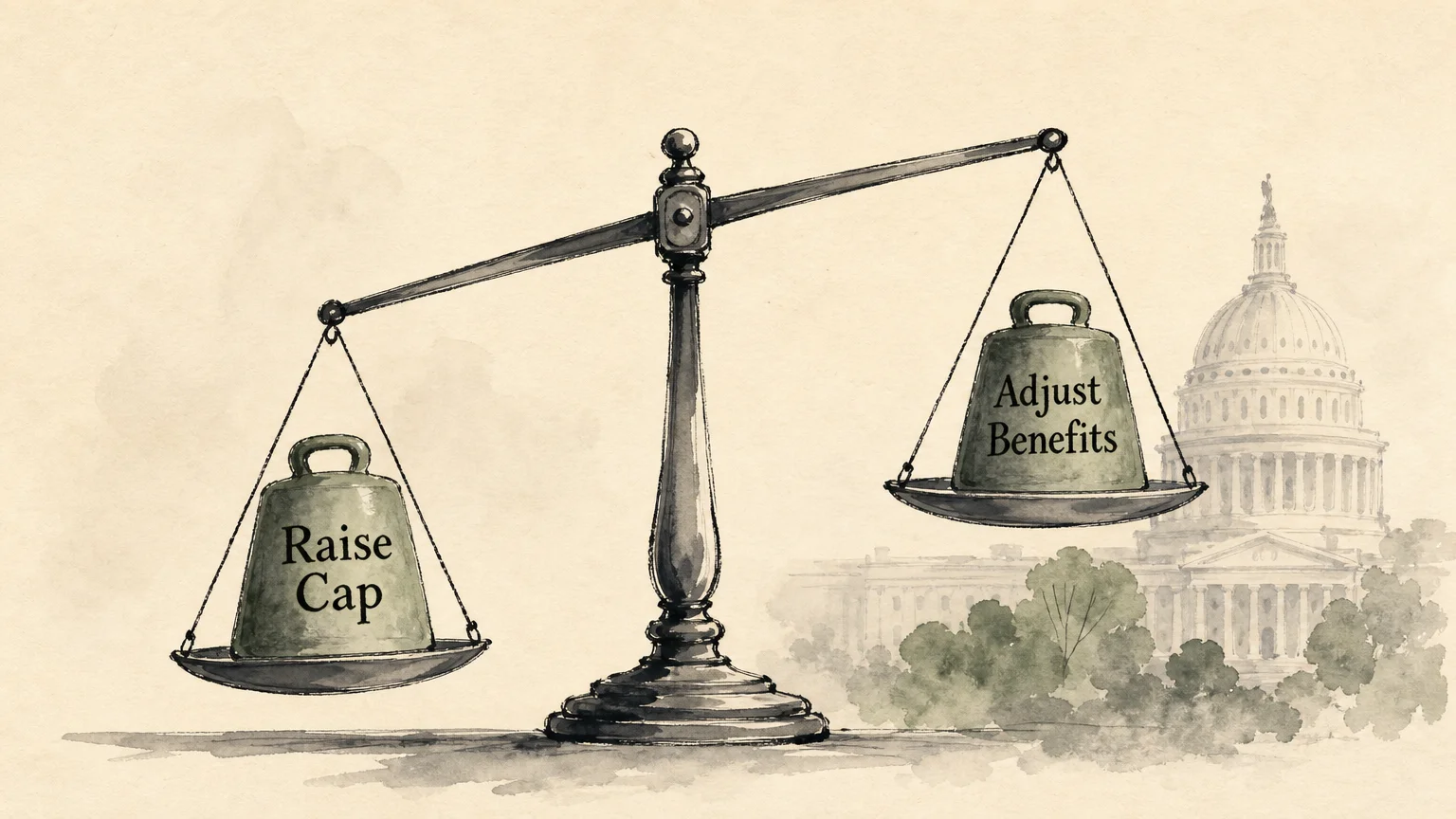An editorial illustration of a hand-drawn balance scale weighing 'Raise Cap' against 'Adjust Benefits'.