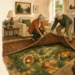 An editorial illustration of a retired couple rolling back a rug to reveal hidden wealth and resources beneath their floorboards.