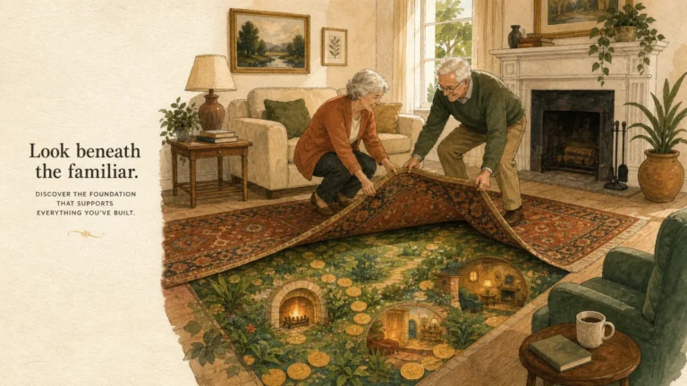 An editorial illustration of a retired couple rolling back a rug to reveal hidden wealth and resources beneath their floorboards.