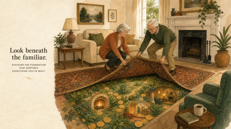 An editorial illustration of a retired couple rolling back a rug to reveal hidden wealth and resources beneath their floorboards.