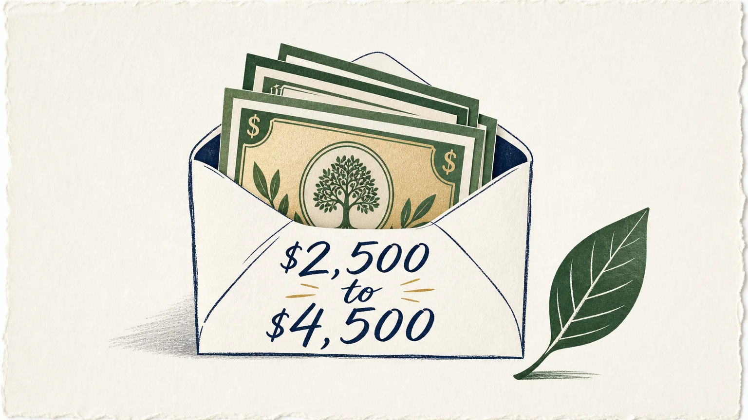 An editorial illustration of an open envelope showing a cash savings range of $2,500 to $4,500, representing tax relief.