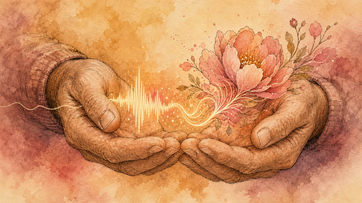 An editorial illustration of two caring hands cradling a glowing soundwave that blooms into a flower.
