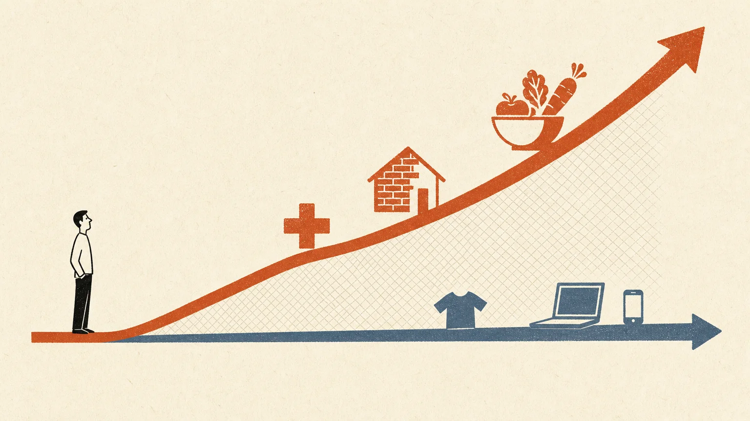 An editorial screenprint illustration showing two diverging paths representing retiree expenses versus official inflation metrics.