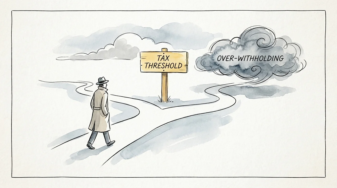An editorial watercolor illustration of a path splitting around a financial tax threshold sign.