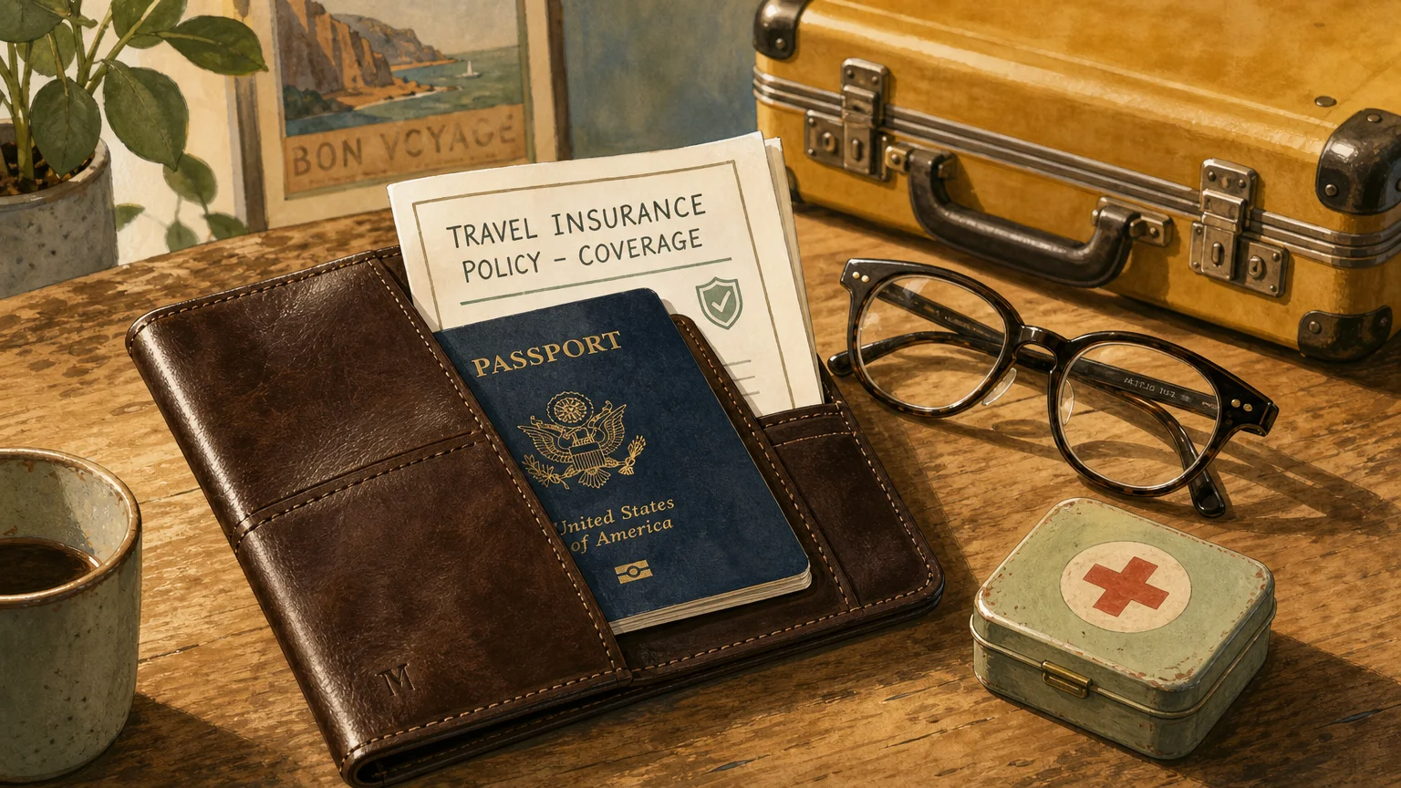 An elegant gouache illustration of a passport holder, reading glasses, and a travel insurance policy document on a warm wooden table.